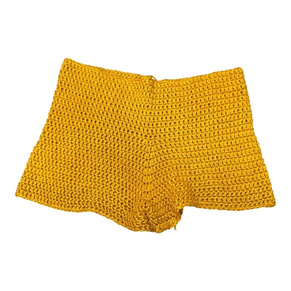 Vintage Knit Handmade Crochet Mustard Yellow Shorts 28" Y2K Boho Hippie Granny - Picture 2 of 3